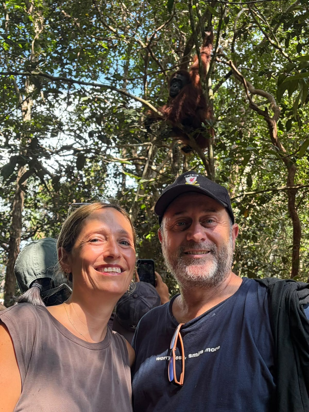 A joyful selfie with a wild orangutan perched curiously in the tree just above.