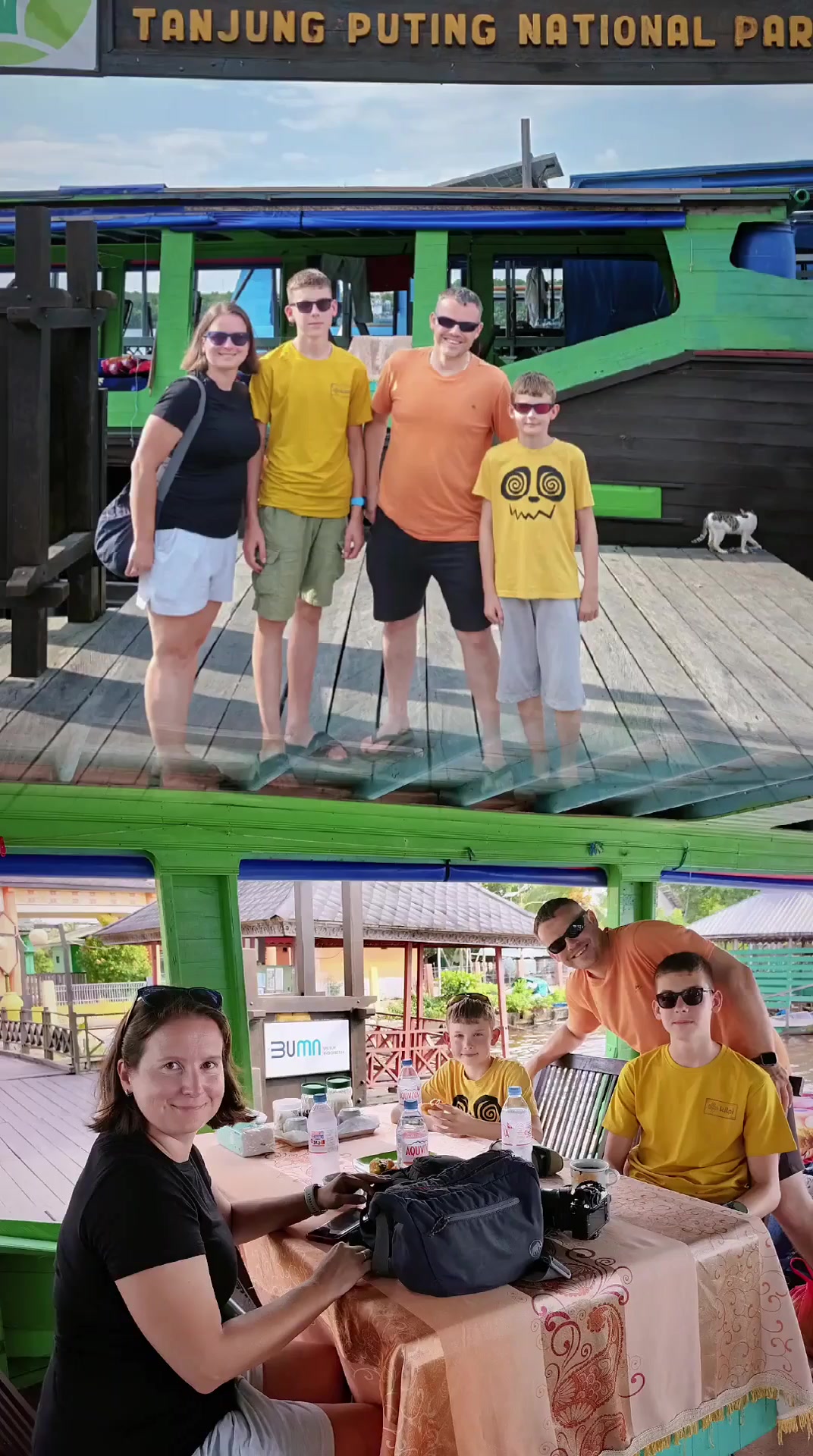 Family at the Tanjung Puting National Park dock, then settling in for breakfast aboard the klotok.